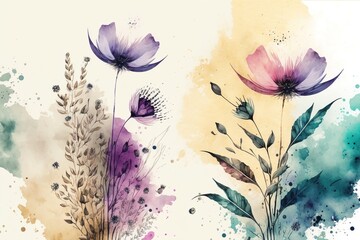 Watercolor botanical flowers with ink splatter texture pastel banner background. Generative AI.