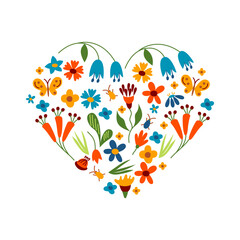 Flowers heart, love card, bright vector illustration.
