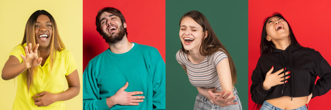Collage of ethnically diverse happy excited young people laughing over multicolored background. Concept of happiness, delight, facial expression
