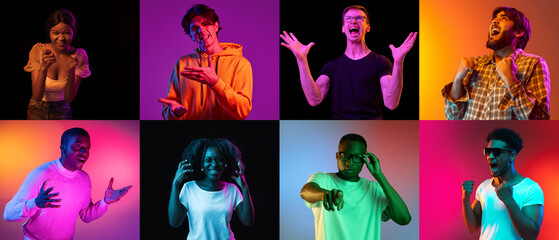 Collage of ethnically diverse people, men and women expressing different emotions over multicolored background in neon filters. Concept of happiness, delight, facial expression