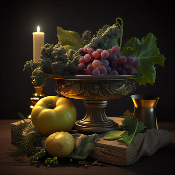 Classic still life with fruits, elegant dishes and candles..