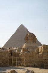 front shot of the sphinx and pyramid in egypt