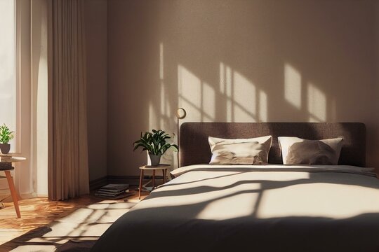 Aesthetic interior of the bedroom in the rays of the morning sun. Coffee, laptop, books on the bed. Work at home. Generative AI