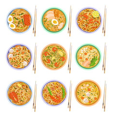 Asian food set and chopsticks. Asian noodles with various ingredients.