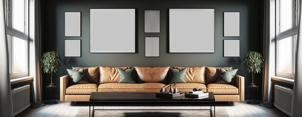 Mock-Up interior design in green colors with brown leather sofa with a place for painting generative ai