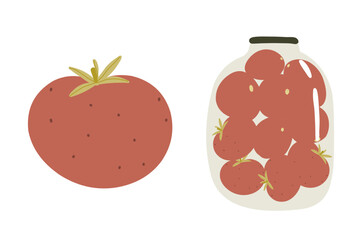 Whole tomato and jar of canned tomatoes, vector harvest illustration on white background for sticker, print, poster