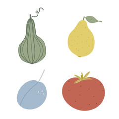 Set of vegetables and fruits, Scandinavian illustration pear, tomato, zucchini, plum postcards, prints, stickers