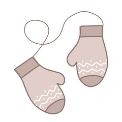 Grey knitted woolen mittens on rope, warm winter accessory with pattern in scandinavian style, vector illustration for postcard, print