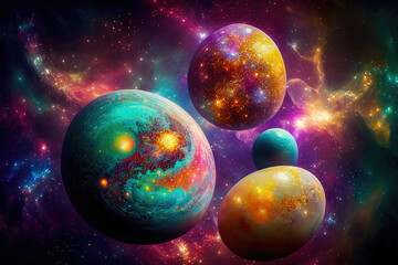 Ornately decorated Easter eggs with stars, galaxies, nebulae and cosmos. Generative Ai