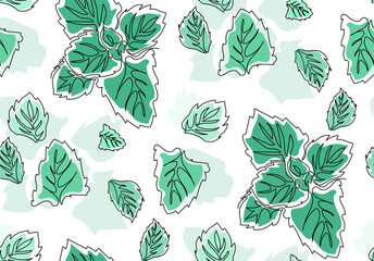 Vector seamless pattern with mint leaves in continuous one line drawing. Minimalistic line art background. © ilsuu
