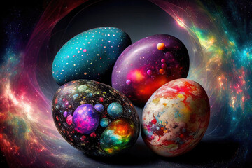 Ornately decorated Easter eggs with stars, galaxies, nebulae and cosmos. Generative Ai