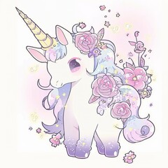 Digital drawing illustrations of a unicorn, cartoon and cute colored with floral elements generative ai