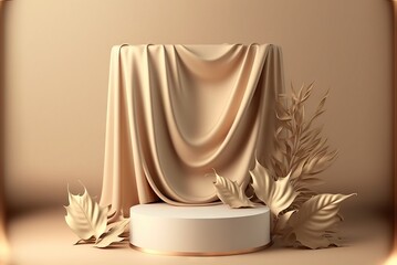 3D display podium with pedestal and flying cloth. Nature wind. Beauty cosmetic product presentation stal Luxury mockuprender for advertisement generative ai - obrazy, fototapety, plakaty