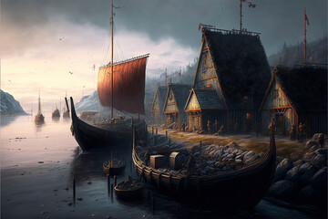 viking ship in the harbor, Created with generative AI tools