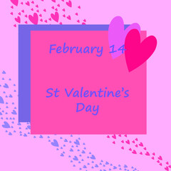 St Valentine's Day Postcard illustration including pink and blue hearts and greeting lettering on a light pink background