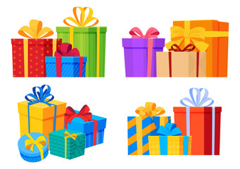 Set of colored gift boxes with bows. Beautiful bright packaging. Vector illustration