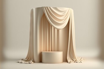 3D display podium with pedestal and flying cloth. Nature wind. Beauty cosmetic product presentation stal Luxury mockuprender for advertisement generative ai - obrazy, fototapety, plakaty