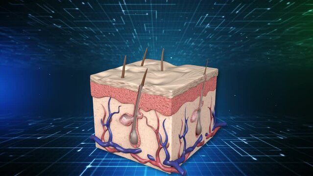 section of human skin showing Hair growth. epidermis cross section 3D model. Anatomy illustration. skin care.  hair treatment. healthy hair growth. 3d model of skin tissue. Dermatology illustration.