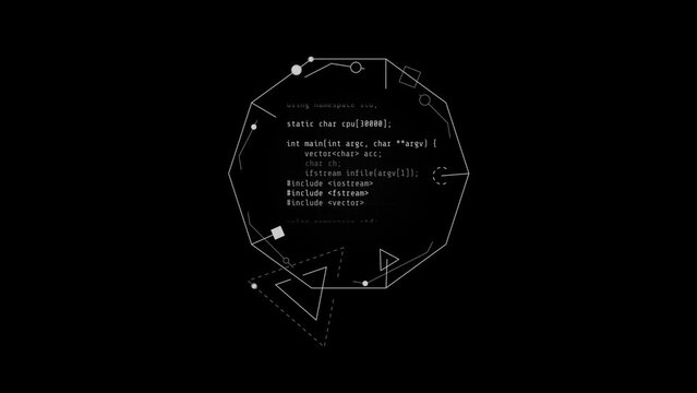 Looped animation of a code fragment in a decagon HUD element.