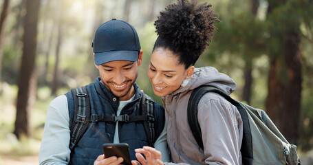 Hiking, smartphone and travel couple with location search, online travel guide or nature journey...