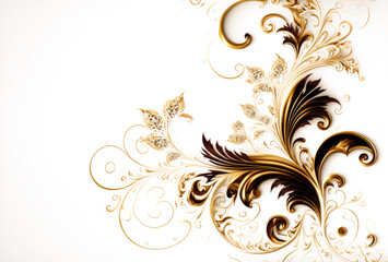 An elegance golden foliage design with scrolls on a white background. Created with Generative AI.
