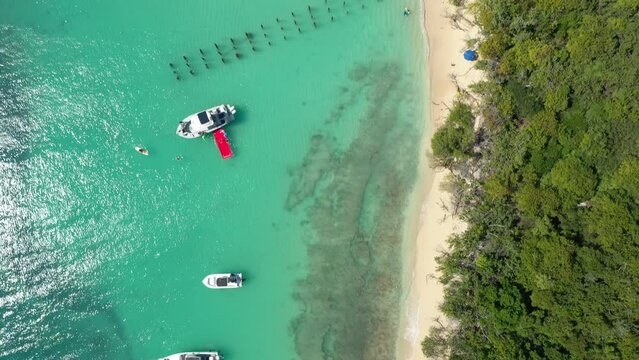 Aerial Drone view of a boats in a tropical caribbean island. In Cayo Icacos Puerto Rico beach