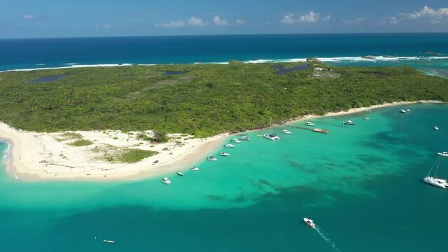 Aerial Drone view of a boats near a tropical caribbean island. In Cayo Icacos Puerto Rico beach
