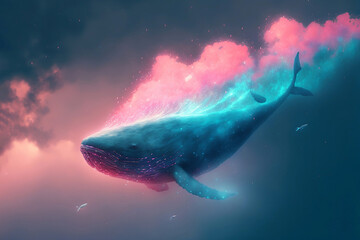 Blue whale swimming or flying in mystic sky ocean through colorful clouds galaxy in the world of fantasy with Generative AI.