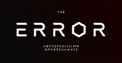 Display error alphabet, digital distorted sans serif letters, glitch font for techno logo, cinematic headline, loss connect graphic effect typography, game design. Vector typographic design