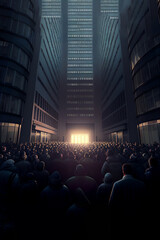 AI illustration of a crowd of people standing at the doors of a big company headquarters - mass layoffs concept