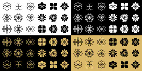 Sunflowers set icons. Vector set of flowers logo design templates in trendy flate style in golden colors on black background. Flowers set icons