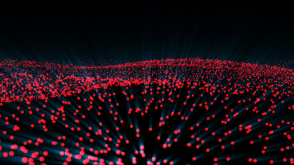 Red glowing particles flying in whirlwind. Red bokeh particle isolated on red background. Particle...