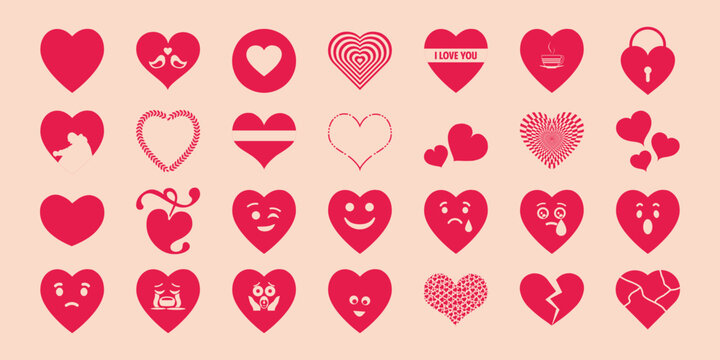 Set of pink hearts, Set of symbol hearts. 