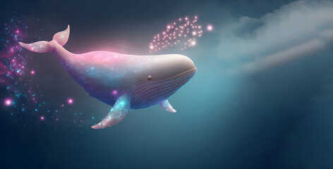 Obraz na płótnie Canvas Blue whale swimming or flying in mystic sky ocean through colorful clouds galaxy in the world of fantasy with Generative AI.