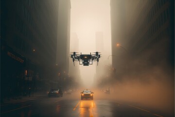 drone with big camera follows tesla on city street