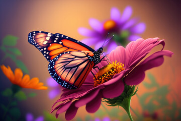 Fototapeta na wymiar Butterfly and Pink Flower created with Generative AI Technology, ai, generative