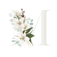 Floral Alphabet. Letter with white botanic springs flowers, branch bouquet composition. Wedding invitations, birthdays. Vector illustration.