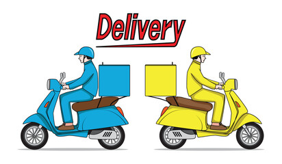 Delivery man in blue and yellow uniform ride a retro classic or vintage scooter motorcycle with delivery container drawing in cartoon vector