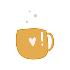 Card with yellow cup with heart of steam. Child vector illustration on white background for print, sticker
