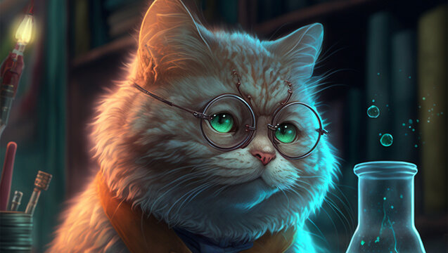 A Portrait Of A Serious Scientist Cat In Glasses Doing A Science Experiment In A Magical Laboratory.