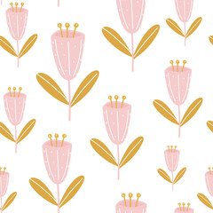 Summer seamless pattern pink flower on stem with leaves on white background scandinavian style