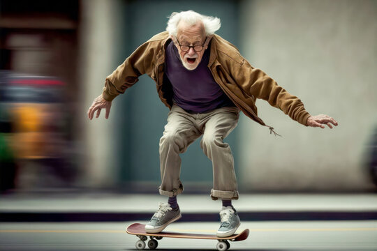 Old man on a skateboard. Generative AI.