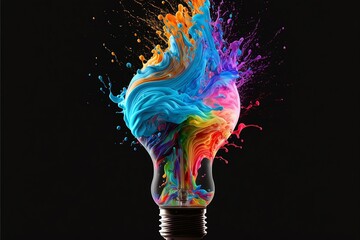 Lightbulb eureka moment with Impactful and inspiring artistic colourful explosion of paint energy. Generative AI