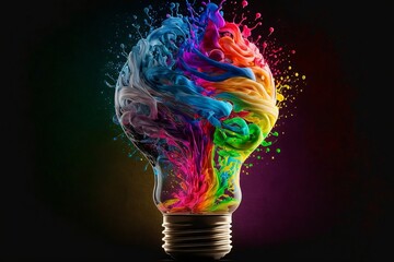 Lightbulb eureka moment with Impactful and inspiring artistic colourful explosion of paint energy. Generative AI