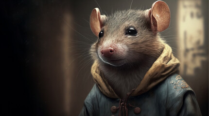 Rat, a homeless street rat wearing a jean jacket and a hoodie, living on the streets in the sewers with his survival skills. Image created with generative ai