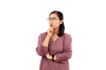 Thoughtful Young asian woman standing while imagining something. Isolated on white background