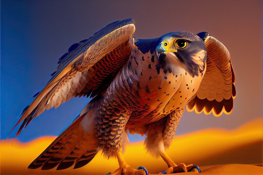 Portrait of a falcon with spread wings on a yellow background, with a yellow and blue beak, background image. Generative AI