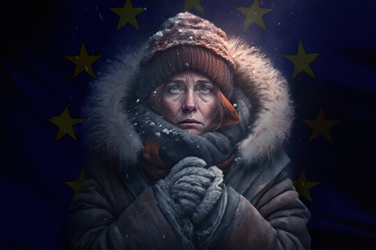 Energy crisis in Europe. Transition to renewable energy sources.. A citizen of Europe freezes in front of the flag. Increase in the price of natural gas for home heating. Generative AI. 