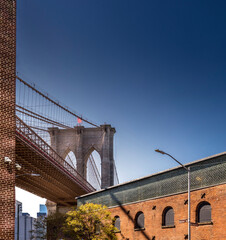 Brooklyn, New York, USA - April 25, 2022: View of Brooklyn bridge from Dumbo District