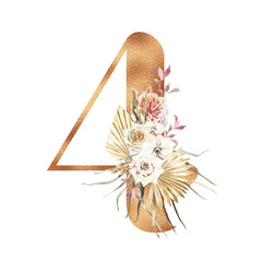 Boho number, digit 4, Watercolor Bronze able numbers illustration with dried flower, tropical, leaves, palm, roses, orchid, terracotta, bouquet composition. Boho wedding invitation, modern bohemian	
